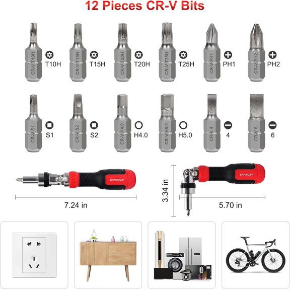 HRTGFD-SHARDEN Ratcheting Screwdriver 13-in-1 Multibit Screwdriver All in One Screwdriver Set with Phillips, Flat Head, Torx Security, Hex, Robertson, 180 Degree Pivoting Adjustable Angled Screw Driv