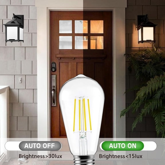 HRTGFD-ST64 LED Dusk to Dawn Light Bulbs Outdoor,6W 60W Equivalent,2700K Warm White,650 Lumens E26 Edison Filament Photocell Sensor Bulb,Auto On/Off Vintage Bulbs for Porch,Patio,Garage,4 Pack