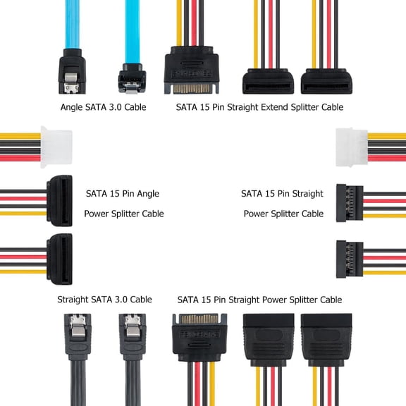 HRTGFD-Set of 6, SATA Power Splitter Cord and SATA III Cable 6.0 Gbps, Straight and 90 Degree SATA 3.0 Cable, SATA 15 Pin Male to 2xSATA 15 Pin Power Splitter Cable