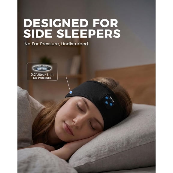 HRTGFD-Sleep Headphones for Side Sleepers, Washable Bluetooth Headband with Ultra-Thin Speakers for Reduced Pressure, Yoga, Travel (Black Ink)