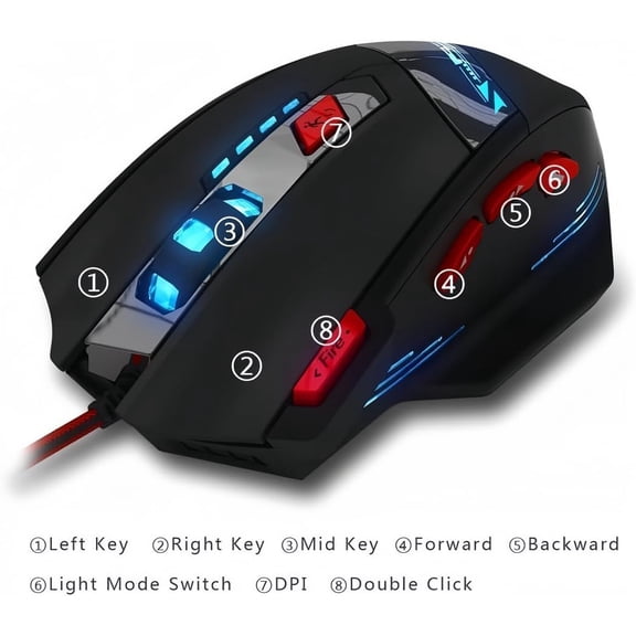 HRTGFD-T90 Gaming Mouse 9200 DPI, 8 Programmable Buttons Multi-Modes LED Lights USB Gaming Mice, Weight Tuning for Laptop, Desktop, PC,- Black