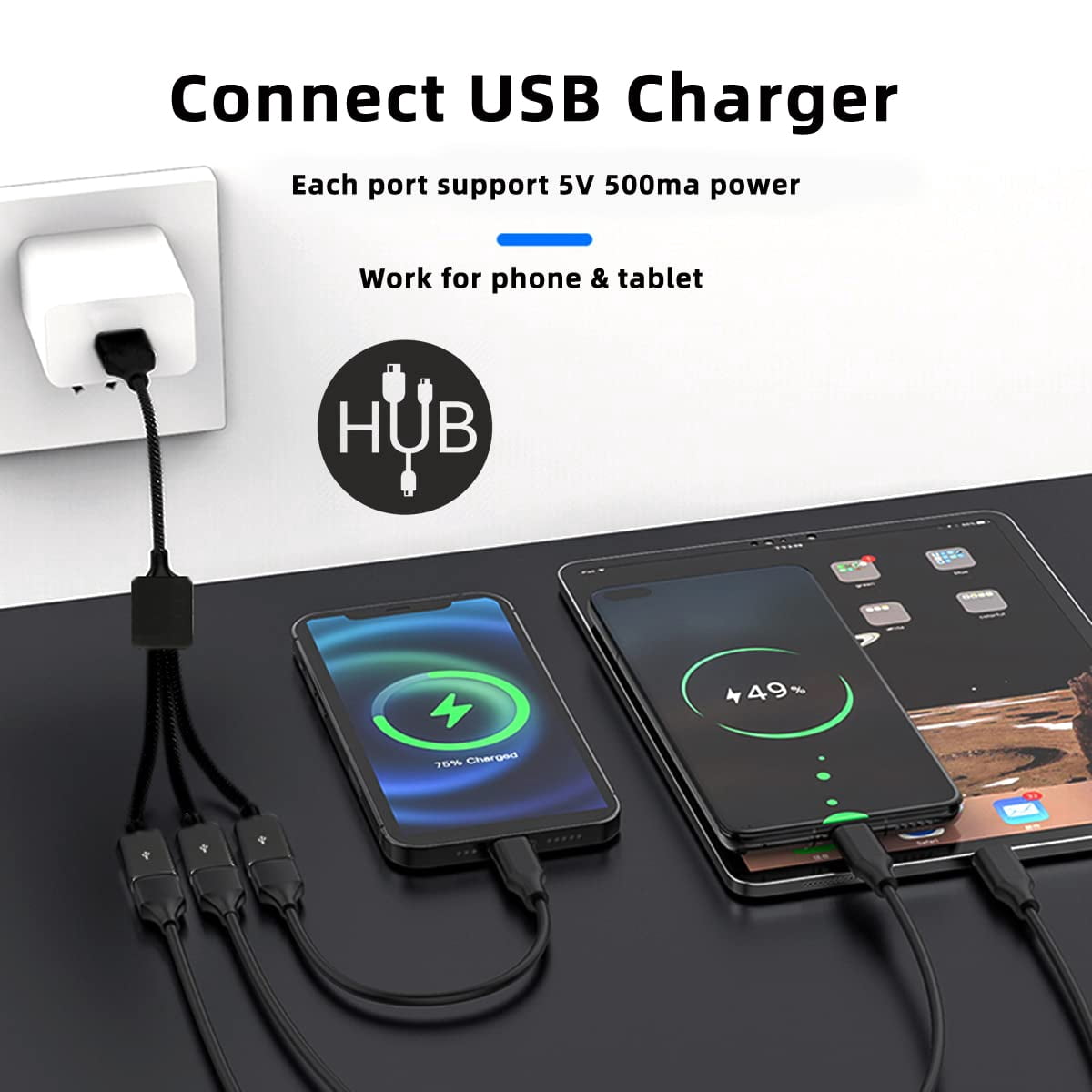 HRTGFD-USB 2.0 to 3 Ports Hub Cable Bus Power External Interface Adapter Multi-Port USB Splitter for Laptop Desktop Mouse Disk