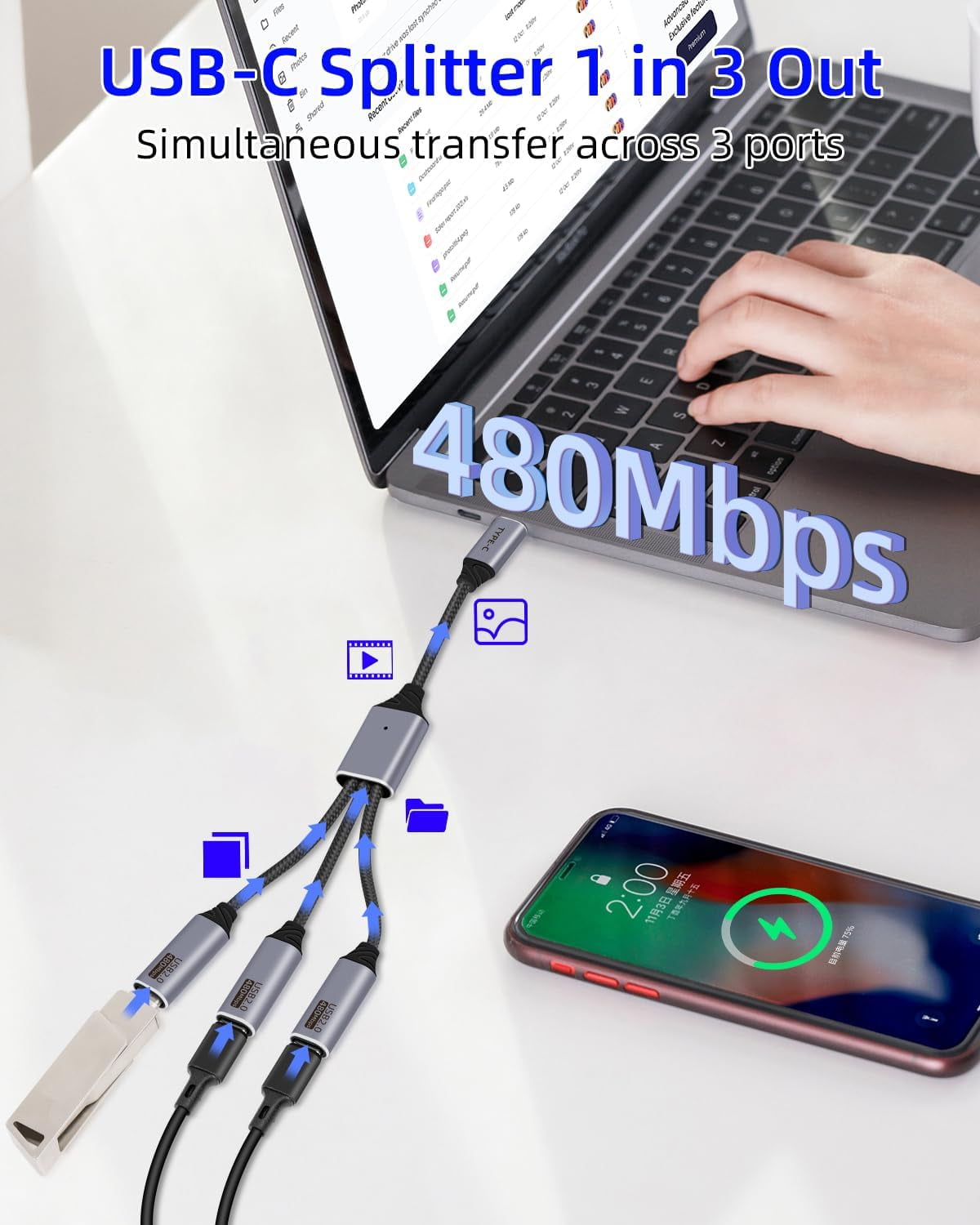 HRTGFD-USB C Splitter 1 in 3 Out,USB Type C Splitter,Type C Male to 3 Type C Female Extension Cord,USB C Power Cabler Extender Hub Support USB 2.0 for Charging and Data Transfer (26CM)