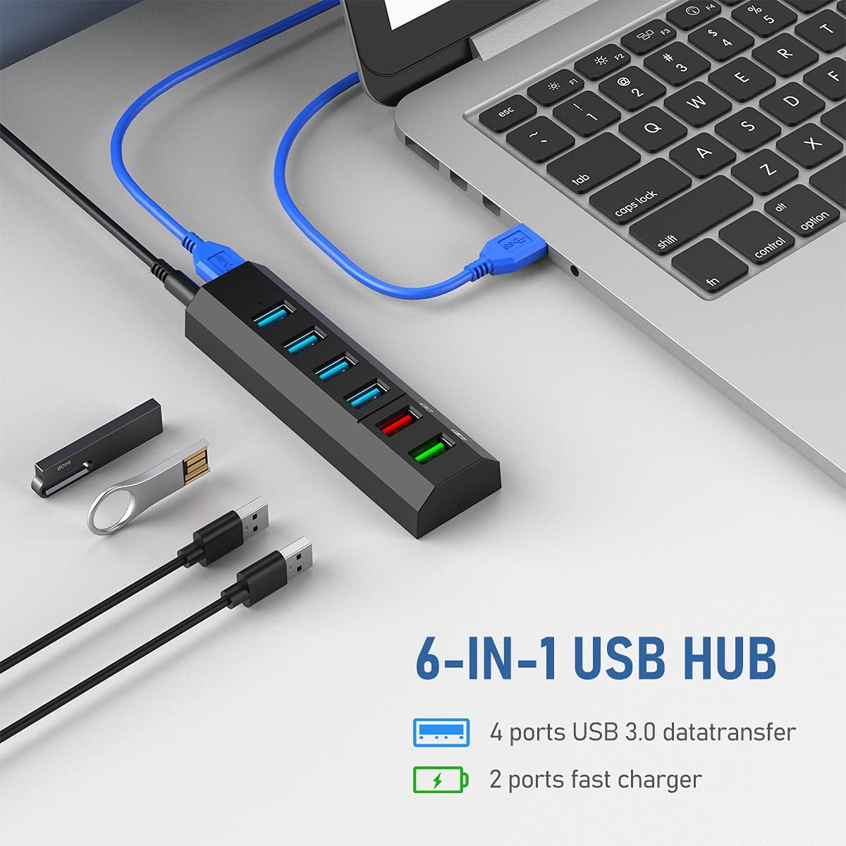 HRTGFD-USB Hub, 6 Ports Super High Speed USB 3.0 Hub Splitter + 24W Power Adapter + USB 3.0 Cable, Black Smart Fast Charger Powered USB Hub for Laptop, Mac, PC, Mobile HDD, Mulitple Devices