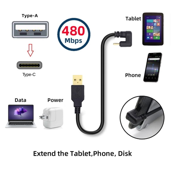 HRTGFD-USB2.0 Type-A to Type C USB-C Male to Male Power Data Cable 5Gbps USB-C Opposite U Shape Back Angled