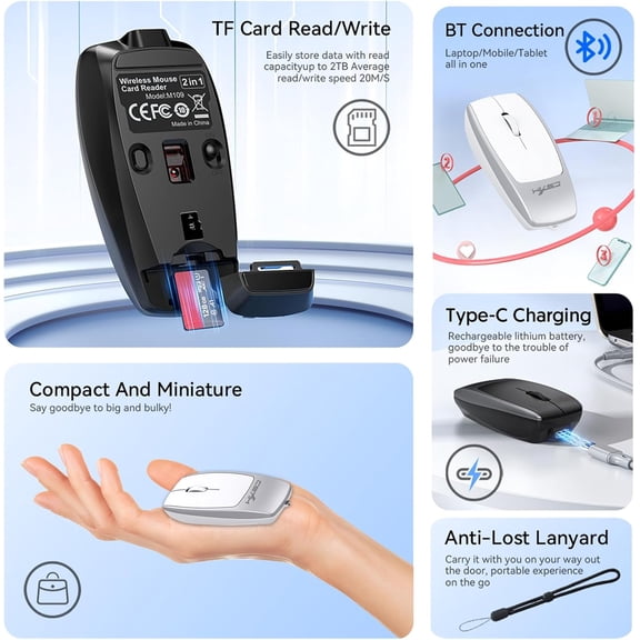 HRTGFD-Wireless Bluetooth Mouse, Computer Mouse with TF Card Reader (2TB Storage) & Multi-OS Support, 1600 DPI Optical Tracking, Ergonomic Mice for Laptop, Tablet, iPad, PC (White)