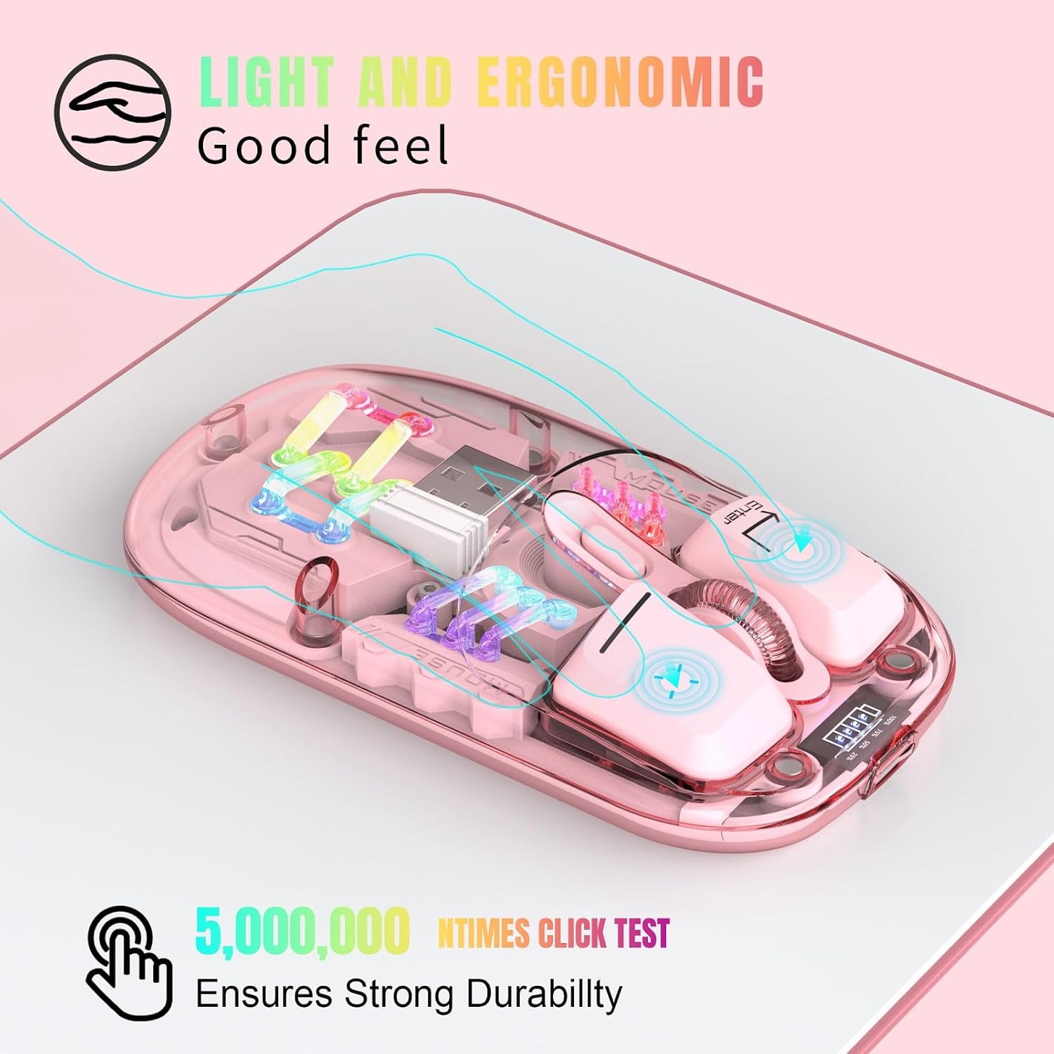 HRTGFD-Wireless Bluetooth Mouse, Transparent BT + 2.4G Dual-Mode Mechanical Mouse with Magnetic Top Cover, Rechargeable RGB Backlit Gaming Mouse for Gaming/Esports/Desktop/Laptops/Tablets (Pink)