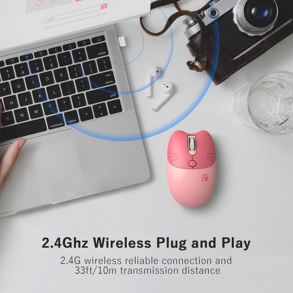 HRTGFD-Wireless Compact Silent Mouse with Cute Cat Designs, 2.4GHz Plug and Play Wireless Opatical Mouse with USB Nano Receiver for Laptop/PC/Computer (Pink Cat)