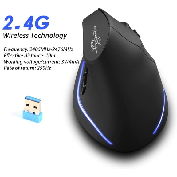 HRTGFD-Wireless Ergonomic Mouse,2400 DPI (3-Level Adjustable),Rechargeable Vertical Mouse for Reduced Wrist Strain,LED Lighting,2.4G with USB Receiver,Optical Portable Mice for/Laptop/PC (Black)