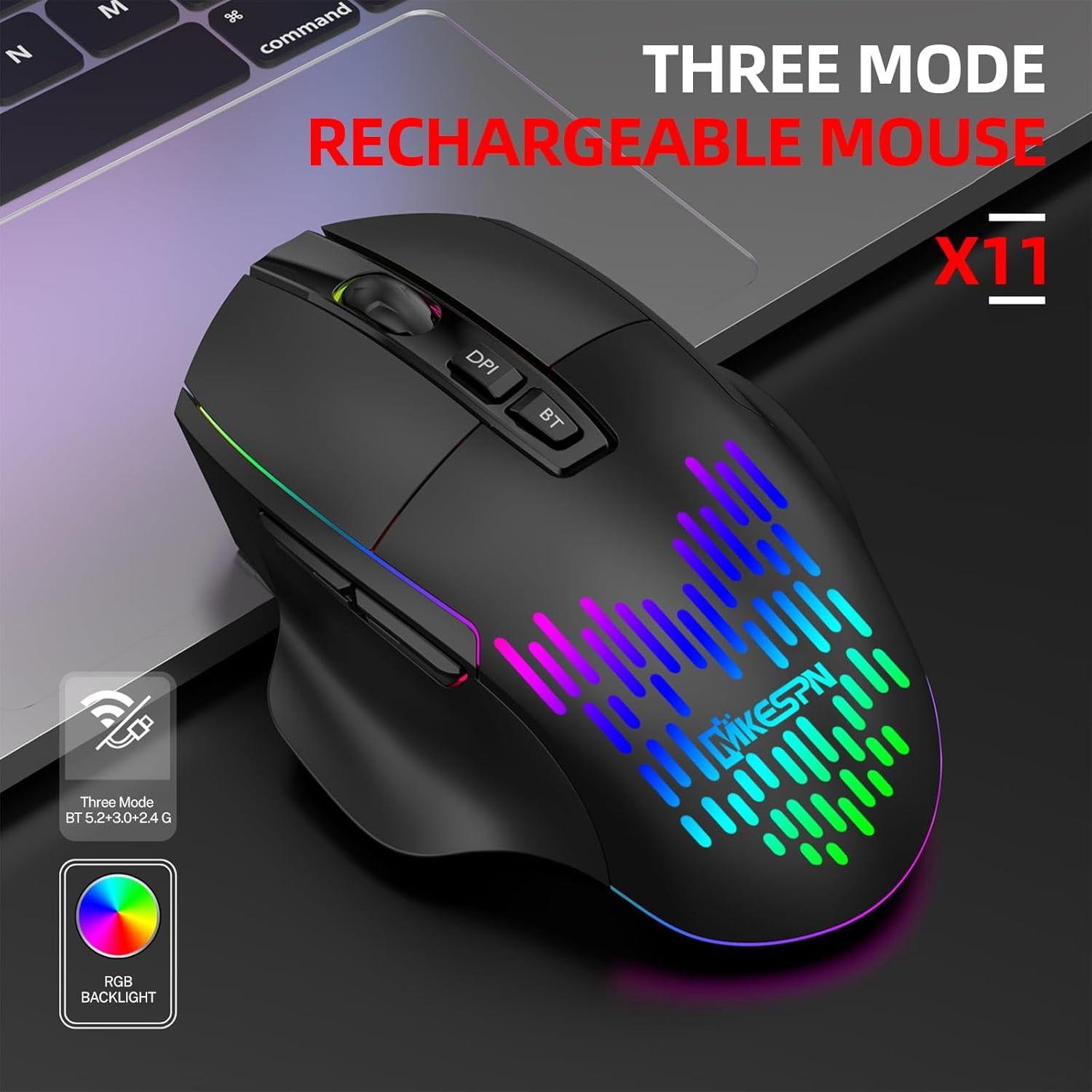 HRTGFD-Wireless Gaming Mouse, 2.4G & Bluetooth Dual Mode, 1600 DPI, 7 Silent Buttons, 500mAh Rechargeable Battery, RGB Backlit, Ergonomic Design for PC/Mac/Laptop (Black)