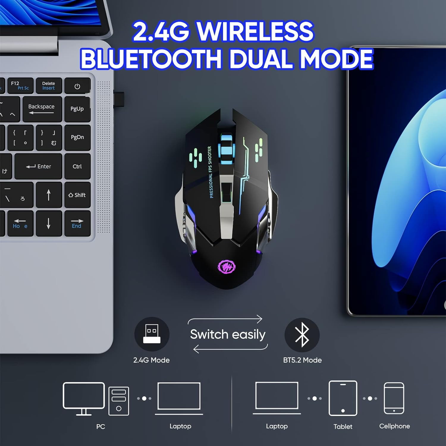 HRTGFD-Wireless Gaming Mouse Bluetooth Mouse RGB Rechargeable 2.4G USB Cordless Computer Mice with 7 Color Backlit, 6 Buttons & Silent Click for Laptop, iPad, Mac OS, PC, Windows -Black