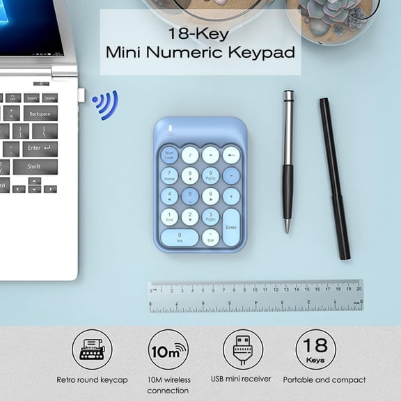 HRTGFD-Wireless Numeric Keypad 18 Keys with 2.4G Mini Portable Silent Number Pad USB Receiver Financial Accounting Keyboard Extensions for Laptop Desktop PC ProBlue Mix
