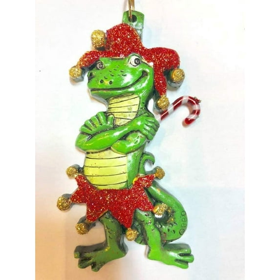HRU Alligator Jester Bayou Santa Claus Candy Cane Christmas Tree Holiday Ornament Louisiana Cajun Creole Party Mardi Gras Croc Crocodile Free Gold Gift Box