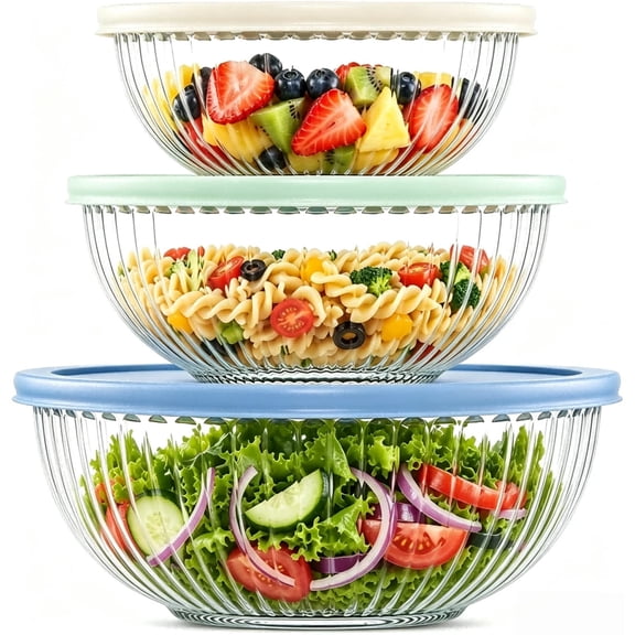 HRWGMUKVBG 3-piece Mixing BowlGlass Salad Bowl With Airtight Lids Vertical Striped Stackable Mixing Bowls For Kitchen Food Prep Baking Fruit Salad Transparent Serving