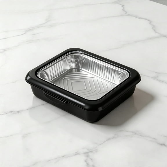 HRWGMUKVBG Black Aluminum Foil Pan Carrier with Lid, Portable Food Storage Container with Handles, Reusable Serving Tray for BBQ, Camping & Picnic, Kitchen Essentials