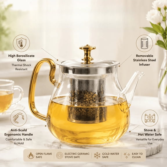 HRWGMUKVBG Gold Glass Teapot 600ml Gold Handle With Removable Stainless Steel Infuser, 20.3oz Heat Resistant Borosilicate Glass Tea Kettle For Electric Ceramic Cooktop Only, Loose Leaf Tea, Tea Bags