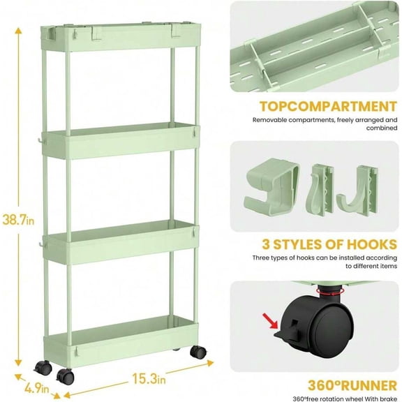 HRWGMUKVBG Green 4-Tier Slim Rolling Storage Cart Storage Cart Organizer Rolling Utility Cart, Mobile Shelving Unit Slide Out Storage Shelves For Kitchen Living Room & Dressers Outdoor Decor