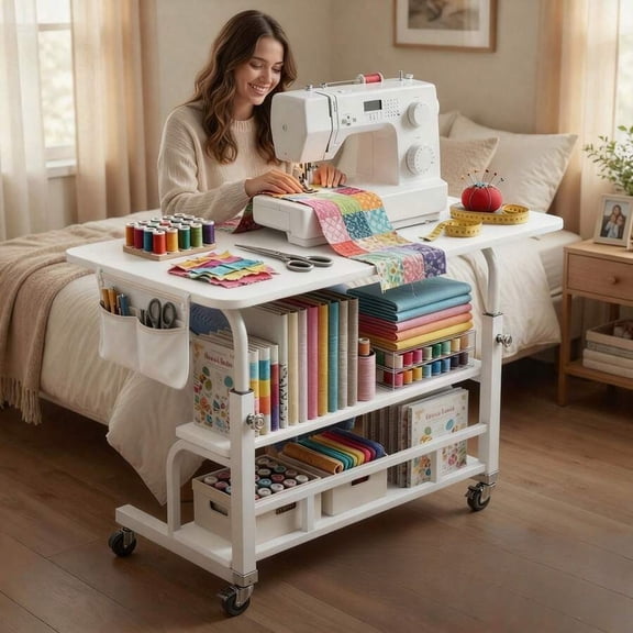 HRWGMUKVBG Sewing and Craft Table, Multi-Functional Height-Adjustable Mobile Sewing Workbench/Table - Mobile Handicraft Storage Table with 4 360    Silent Wheels, Portable Sewing Table, White Oak