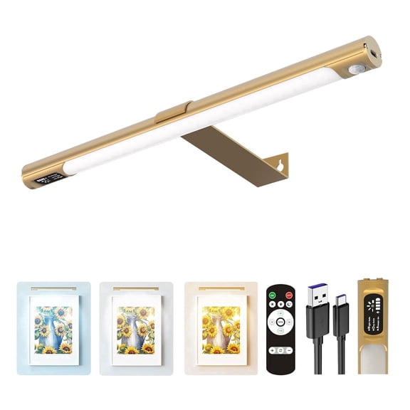 HRWOKI 15" Magnetic Rechargeable Picture Light, 3-Color Dimmable with Remote Control for Art, Portrait & Cabinet