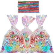 HRX Cellophane Bags 100pcs Small Iridescent Cellophane Treat Bags with Ties, Clear Goodie Bags 4x6 inch Holographic Plastic Goody Bags for Candy, Cake Pops, Favors, Weddings and Birthday