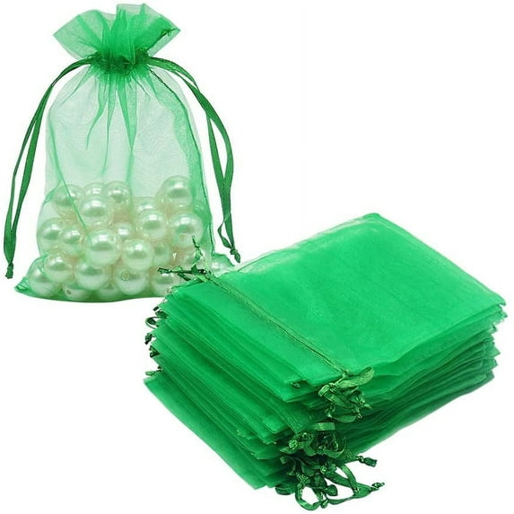 HRX Package 100pcs Christmas Organza Drawstring Bags Green, 4 x 6 inch Candy Mesh Gift Bags Jewelry Pouches
