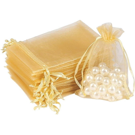 HRX Package 100pcs Gold Organza Gift Bags, 4" x 6" Candy Mesh Drawstring Bags Jewelry Pouches for Christmas Wedding Party