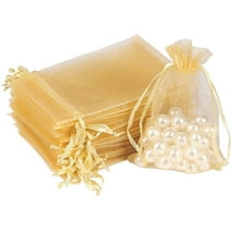 HRX Package 100pcs Gold Organza Gift Bags, 4 x 6 inch Candy Mesh Drawstring Favor Bags Jewelry Pouches for Christmas Wedding Party