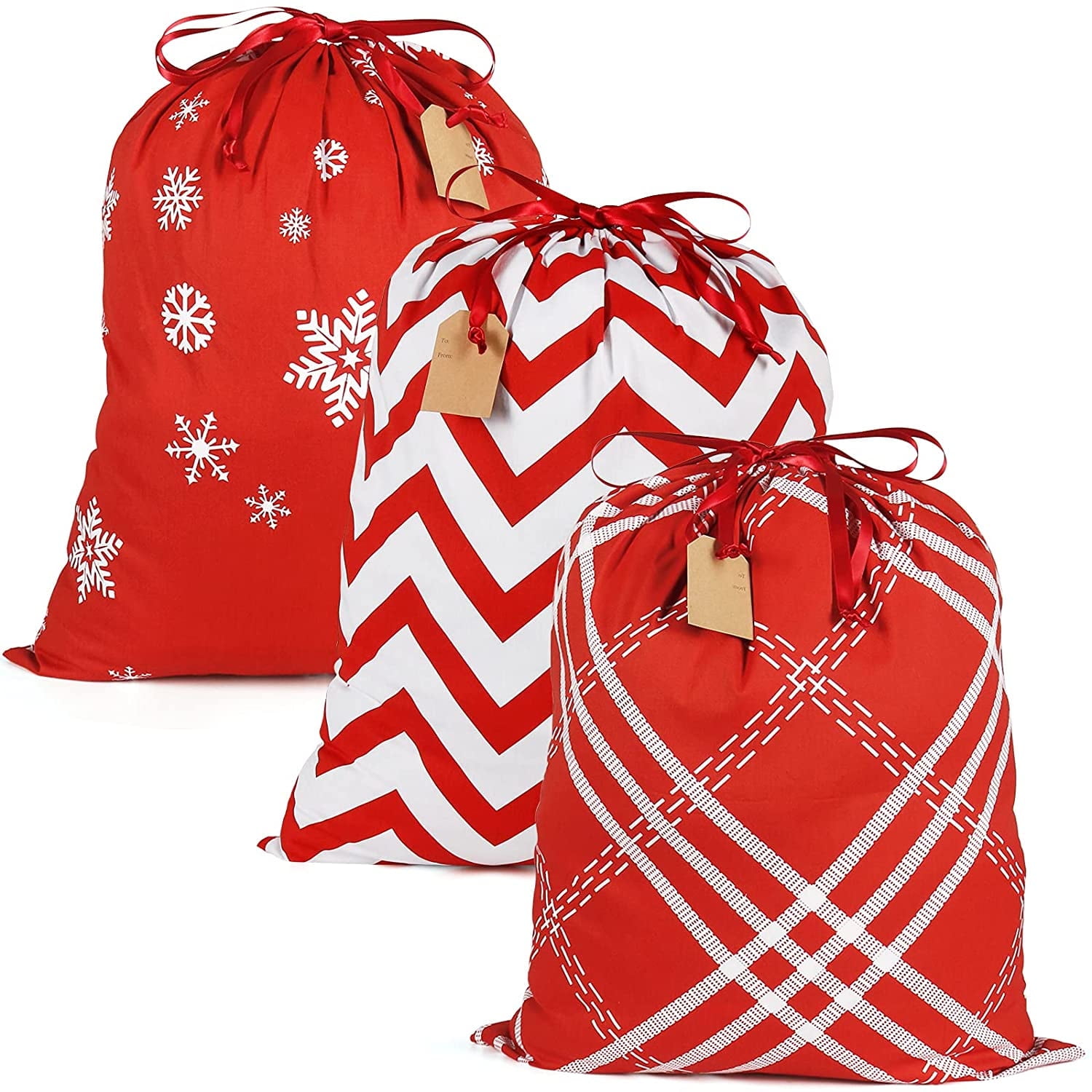 10 Small Christmas Themed Fabric Drawstring Bags, 3x4 Cloth Pouches