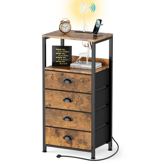 HRYGD Night Stand with Charging Station & Voice Control LED Night Light, 4 Drawers Dresser for Bedroom, Tall Nightstand Bedside Table, Tamper-Resistant Outlets, USB/Type C Port, 3 Lighting Modes