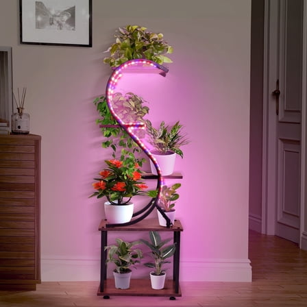 HRYGD Plant Stand Indoor with Grow Lights, 5 Tiered  Plant Shelf, Corner Plant Stands for Indoor Plants, Metal Plant Flower Display Shelves, S-Shaped Plant Rack for Home, Patio