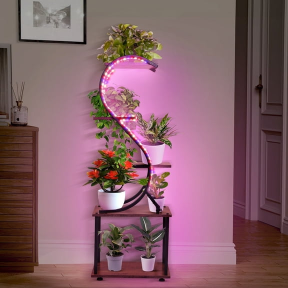 HRYGD Plant Stand Indoor with Grow Lights, 5 Tiered  Plant Shelf, Corner Plant Stands for Indoor Plants, Metal Plant Flower Display Shelves, S-Shaped Plant Rack for Home, Patio