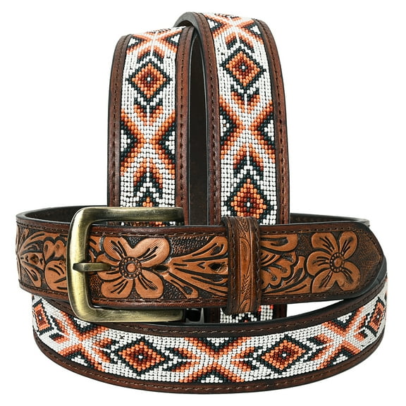 40 In Hilason Western Style Beautifully Hand Crafted In Genuine Leather Belt With Inlaid Bead Work