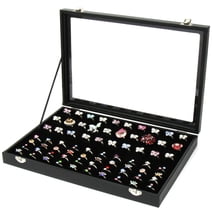 Pangkeep Ring Organizer Display Case With Glass Lid - 42 Slots, Black Velvet, Stackable Tray For Jewelry Storage & Travel