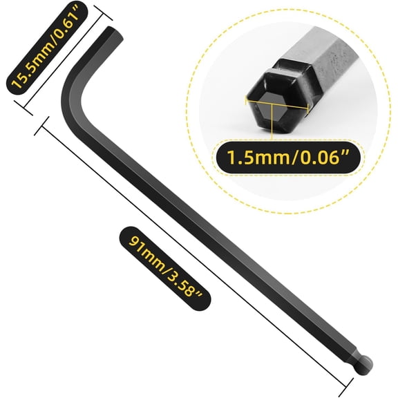 HSAPOW-1.5 mm Allen Wrench Set with Ball End Hex Key Metric Size Extra Long Arm L Shaped Heavy Duty CRV Steel Tool for Repairing Project 6PCS
