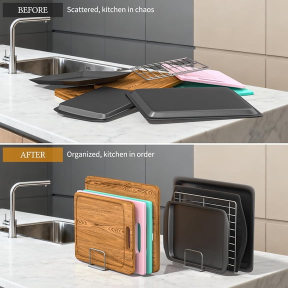 HSAPOW-1-Pack Cutting Board Organizer Holder Stand, Stainless Steel Holder, Cutting Board Storage Rack with 4 slots for Baking Sheet and Cookie Sheet,1.0Inch Slots (1PC(1.0in))