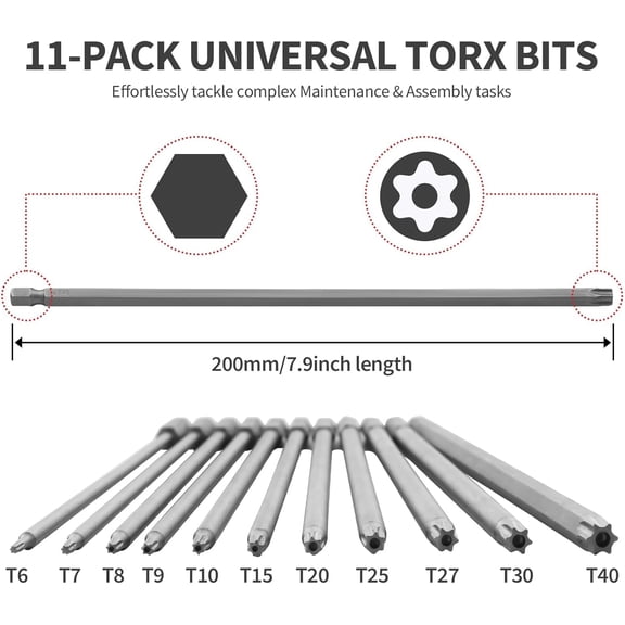 HSAPOW-11Pcs 200m Extra Long Security Torx Security Screwdriver Drill Bit Set, 1/4 Inch Hex-Shank Tamper Proof Star Bits,T6 T7 T8 T9 T10 T15 T20 T25 T27 T30 T40, Magnetic S2 Alloy Steel Screwdriver B