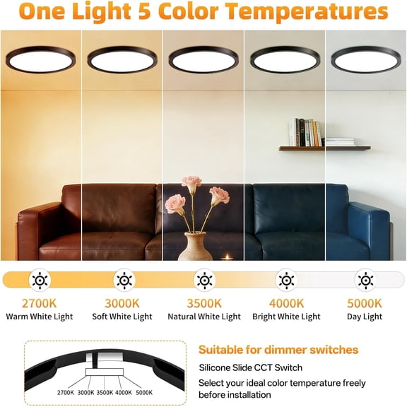 HSAPOW-12 Inch 1Pack Super Slim Flush Mount Ceiling Light Fixture,24W 3200LM Dimmable 5CCT Selectable 2700K-5000K Round Light Fixture for Living/Bedroom,Kitchen/Bathroom,Porch &All Indoor Spaces Blac