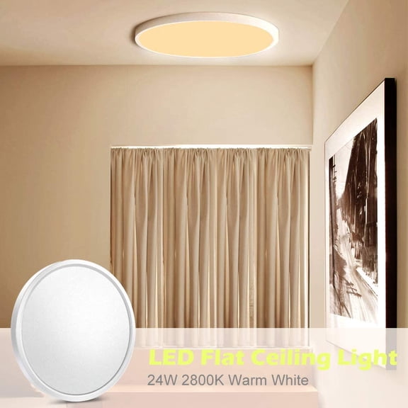 HSAPOW-12 Inch LED Flush Mount Ceiling Light Fixture, 2800K Warm White, 3200LM, 24W, Flat Modern Round Lighting Fixture, 240W Equivalent White Ceiling Lamp for Kitchens, Bedrooms.etc.