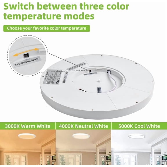 HSAPOW-12 Inch Selectable CCT LED Round Flat Panel Light, 24W 3000K/4000K/5000K, Edge-Lit Flush Mount Ceiling Light Fixture for Kitchen, Bedroom, Laundry and Closet Room, White
