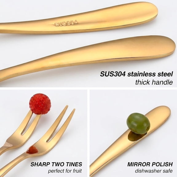 HSAPOW-12 Pcs Fruit Forks, SUS304 Stainless Steel Dessert Forks, 5.51 Inch Small Appetizer Forks Gold, Two-Prong Cocktail Forks for Cake, Pastry, Charcuterie Board, Tasting Forks, Dishwasher Safe