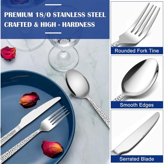 HSAPOW-12-Piece Hammered Forks Spoons and Knives Set, Silverware Set for 4, Stainless Steel Square Flatware Set for Home Kitchen Restaurant, Mirror Polished & Dishwasher Safe