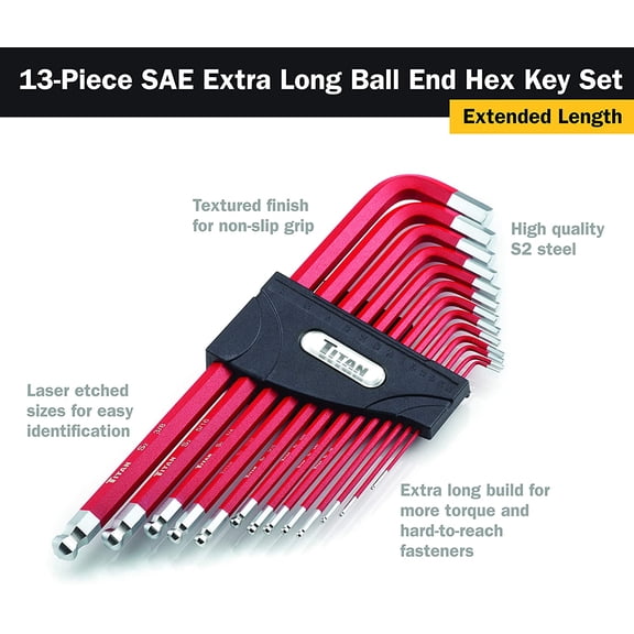 HSAPOW-12713 Extra-Long Arm Ball Tip SAE Hex Key Set, 13 Piece