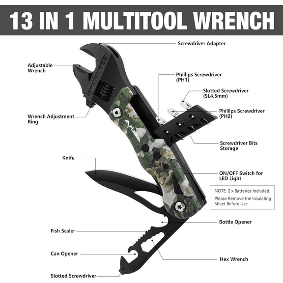 HSAPOW-13-in-1 Multi Tool Wrench, Gift for Men, Stainless Steel Camo Multitool Adjustable Wrench with LED Light, EDC Pocket Knife with Sheath, Multipurpose Multi Use Tool