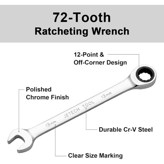 HSAPOW-13mm Ratchet Wrench, Ratcheting Combination Wrench Metric, Industrial Grade Gear Spanner with 12-Point Design, 72-Tooth Ratchet, Chrome Vanadium Steel for Auto & DIY Repair