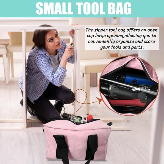 HSAPOW-14 Inch Wide Mouth Tool Bag, Heavy Duty Canvas Tool Storage Bag, Large Capacity Handbag, Multi-function Tool Organizer Tote Bag for Storage Wrenches Pliers (Pink, 14 Inch)