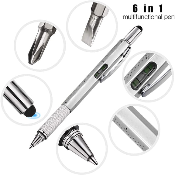 HSAPOW-16 Pcs 6 in 1 Multitool Pen Gifts for Men Dad Husband Multi Tool Pen with Level Ruler Screwdriver Stylu Refills Cool Gadgets Birthday Gift for Father (Silver Color)