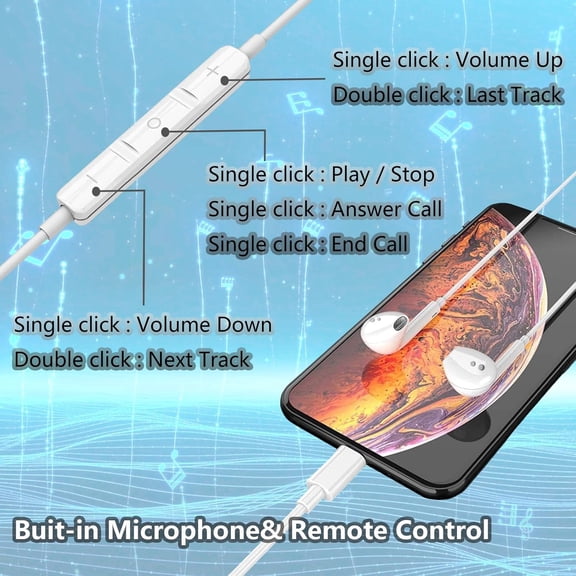 HSAPOW-1Pack Wired Headphones for Phone Earphones with Built-in Microphone & Volume Control with Lightning Plug- Compatible with iPhone 14 Pro/13 Pro/12/12 Pro Max/11/XS Max/XS/XR/X/8