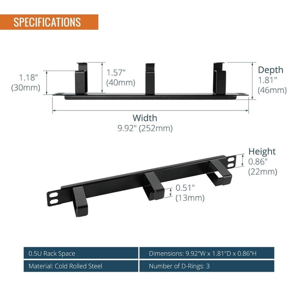 HSAPOW-2 Pack 0.5U Horizontal Cable Manager with 3 D-Rings, Metal Rackmount Cable Organizer for 10" Server Rack & Network Cabinet, Black