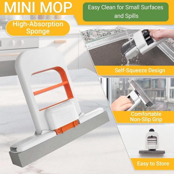 HSAPOW-2 Pcs Mini Mop for Small Spaces, Foldable Self-Squeeze Wet and Dry Sponge Mop, Orange Portable Cleaning Small Mop for Desktop, Kitchen Counter, Bathroom Tile, Glass-with 6 Pads ,2 Brushes, and