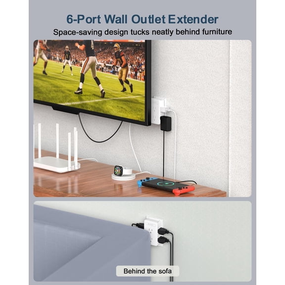 HSAPOW-2 Prong to 3 Prong Outlet Adapter, Multi Plug Wall Outlet with 6 AC Outlets, 3 Sided Outlet Extender for Non-Grounded Outlets in Old Houses, Hotels